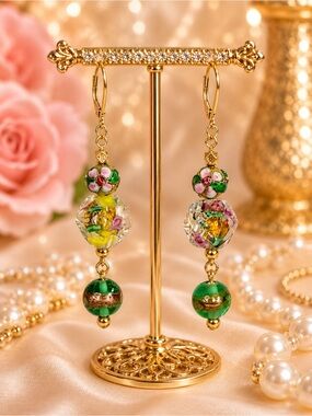 Cloisonné & Art Glass Vintage Beaded Dangle Earrings
